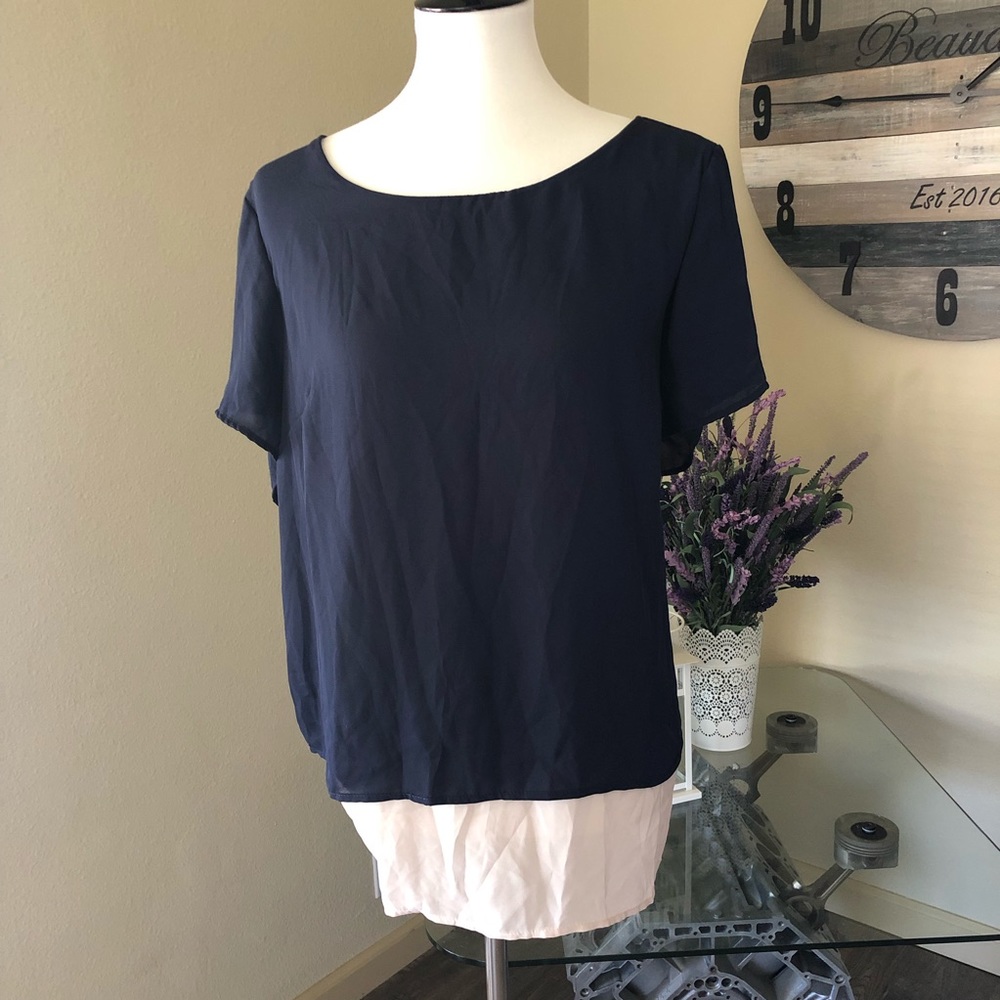 Navy & Tan Flowy Top